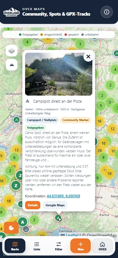 OVEX Maps Detailansicht mit Foto