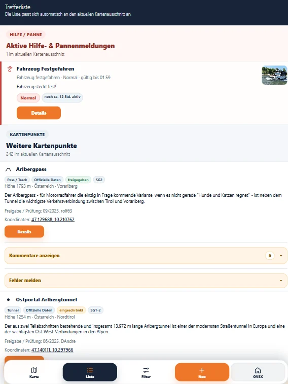 OVEX Maps Trefferliste