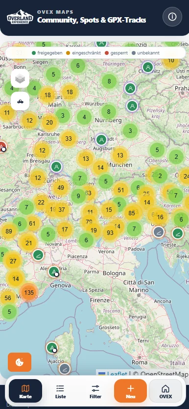 OVEX Maps Kartenübersicht mit Community-Spots und GPX-Tracks
